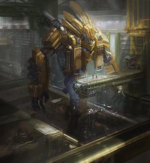 Giant yellow mech in a futuristic industrial setting