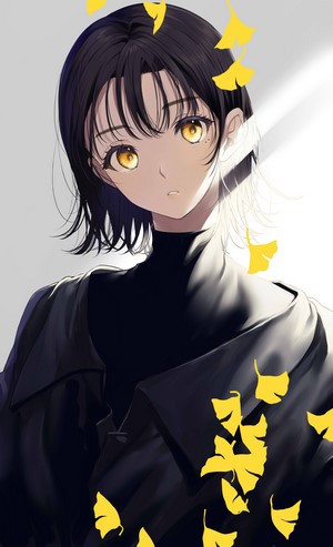 Anime girl with short black hair and yellow eyes