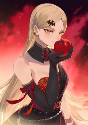 Anime girl with blonde hair holding an apple