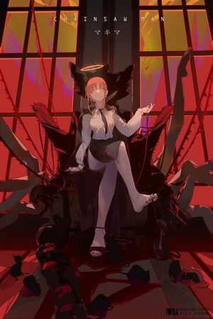 Makima from Chainsaw Man sitting on a throne