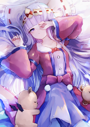 Anime girl with purple hair and teddy bears
