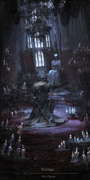 Vileblood from Bloodborne kneeling before a statue