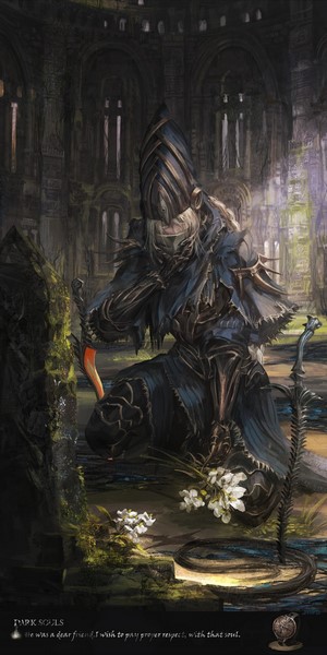 Dark Souls character kneeling with flowers