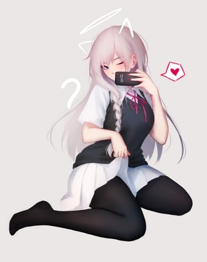 Anime girl with grey hair taking a selfie