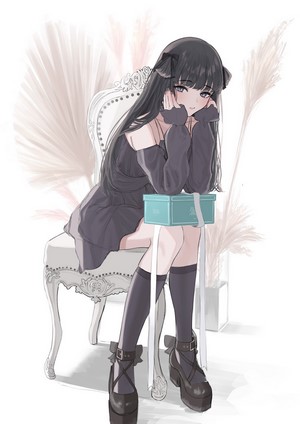 Anime girl with cat ears sitting on a chair with a gift box