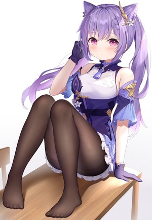 Keqing from Genshin Impact sitting on a desk
