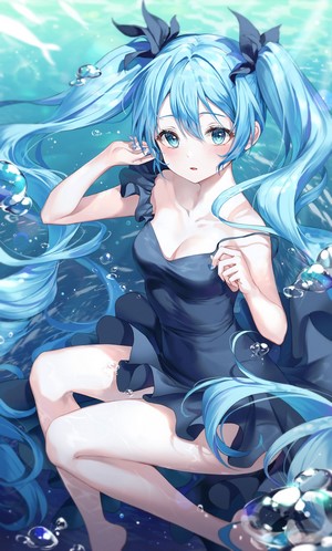 Hatsune Miku from Vocaloid underwater in a dark dress