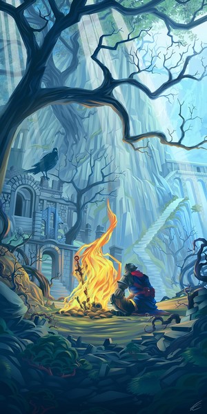 Knight resting by a bonfire in Dark Souls