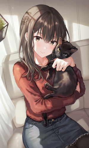 Anime girl with brown hair holding a black cat