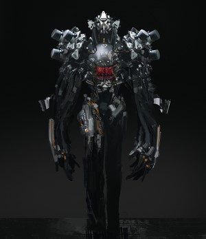 Artwork of a menacing robotic creature
