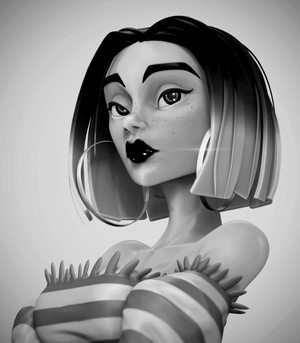 Monochrome artwork of a stylized woman