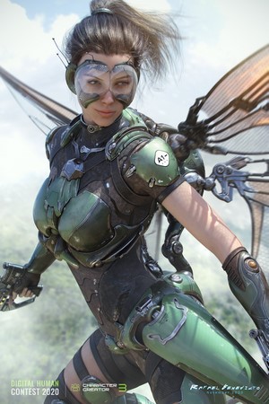 Sci-fi woman with insect wings and armor