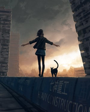 Girl and cat in apocalyptic ruins by GUWEIZ