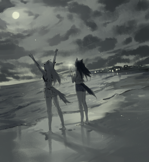 Texas and Lappland from Arknights on a beach at night