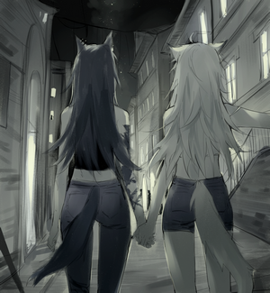 Lappland and Texas from Arknights holding hands