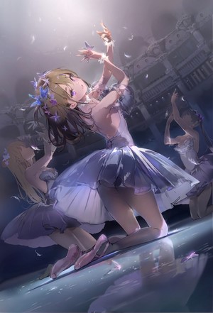 Anime girls in ballet dresses kneeling on stage