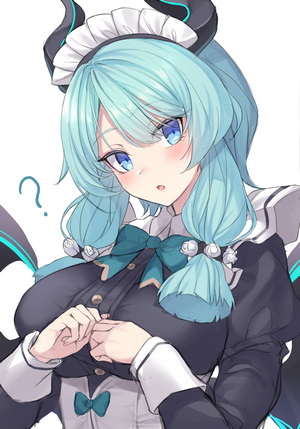 Anime girl with aqua hair and horns in maid outfit