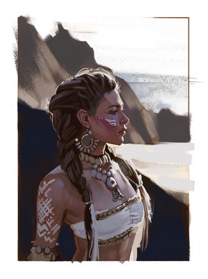 Fantasy woman with tribal markings and jewelry by the sea