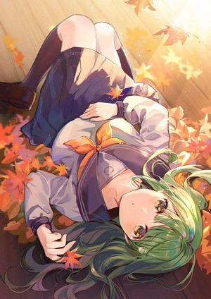 Anime girl with green hair lying in autumn leaves
