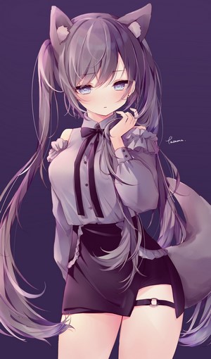 Anime girl with grey hair, animal ears, and tail