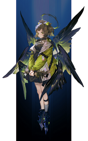 Anime girl with black and green wings and halo