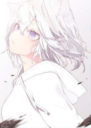Anime girl with white hair and animal ears wearing a hoodie
