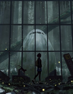 Girl and cat in abandoned airport with airplane