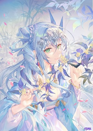 Anime girl with blue hair and green eyes surrounded by flowers