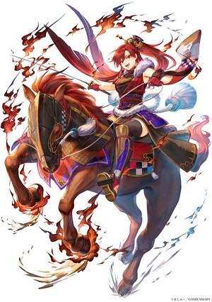 Anime girl with red hair riding a horse with a sword