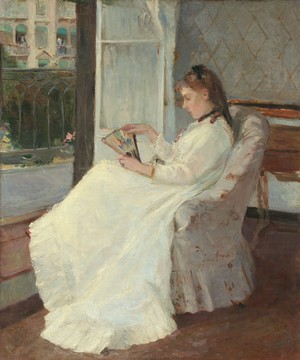 Woman in white dress reading on a balcony by Berthe Morisot