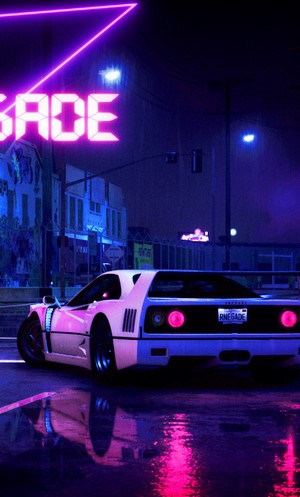 Ferrari F40 on a rainy neon street