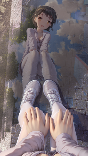 Anime girl with short hair sitting by water