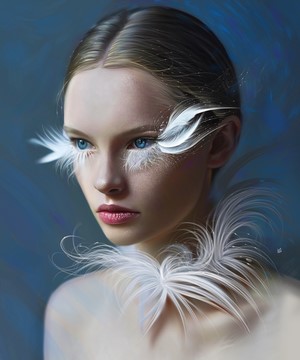 Portrait of a woman with blue eyes and feather accents