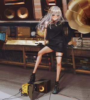 Anime girl with silver hair in black dress near phonographs