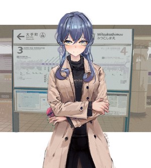 Anime girl with blue hair at a train station