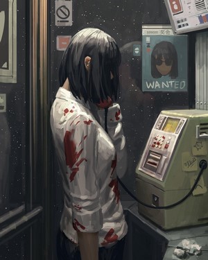 Anime girl with bloodstains on shirt using payphone