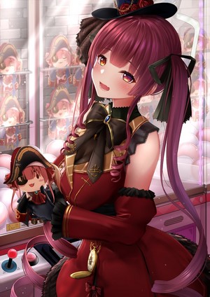 Houshou Marine holding a doll in a claw machine