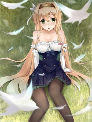 Anime girl with blonde hair and green eyes lying on grass