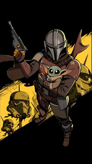 Mandalorian and Grogu with Stormtrooper helmets