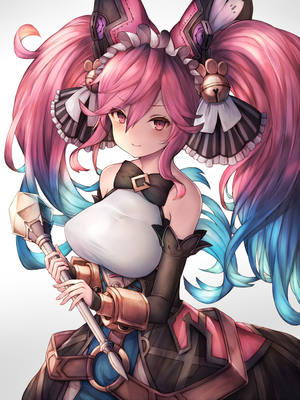 Girl with pink twintails holding a staff