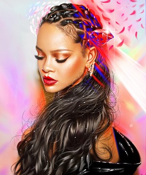 Rihanna Digital Portrait with Red Leaves