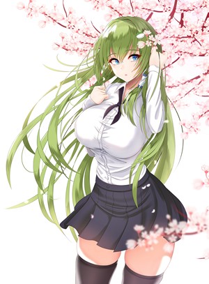 Kochiya Sanae from Touhou with green hair and cherry blossoms