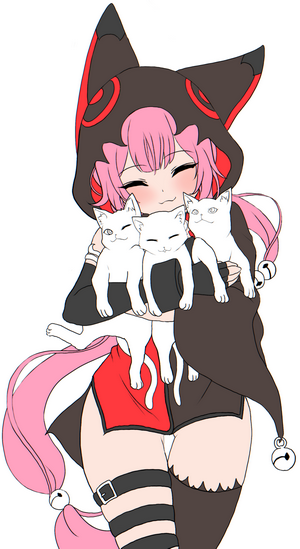 Anime girl with pink hair hugging cats