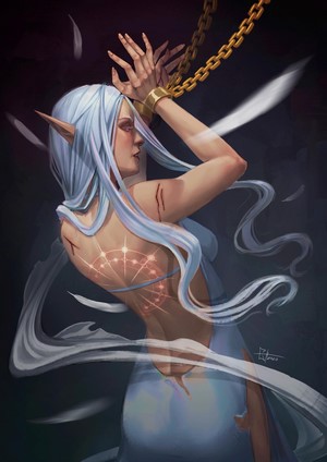 Elf woman with chains and glowing markings on her back