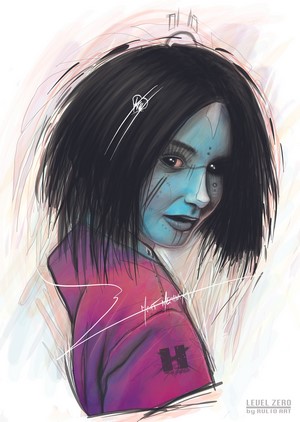 Portrait of a blue-skinned woman with dark hair