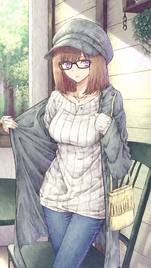 Anime girl with glasses and hat, wearing sweater and jeans