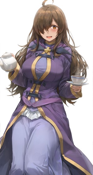 Wiz from Konosuba holding a teapot and teacup