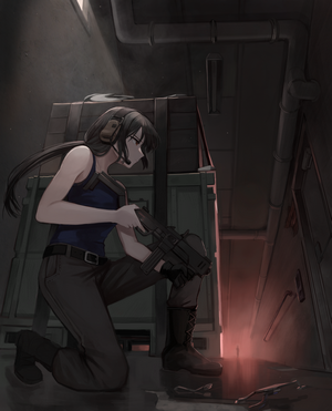 Anime girl with headphones holding a submachine gun