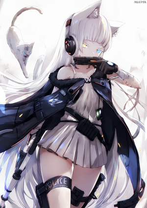 Cat girl with gun and cat, anime artwork