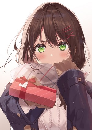 Anime girl with green eyes holding a gift